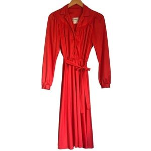 Vintage 70s Algo Long Sleeve Collared Button Down MIDI Dress Bright Red Size M